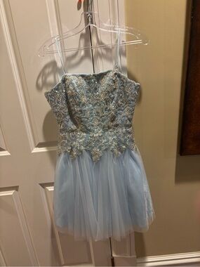 Light Blue Beaded Tulle Kids Dress with Spaghetti Straps